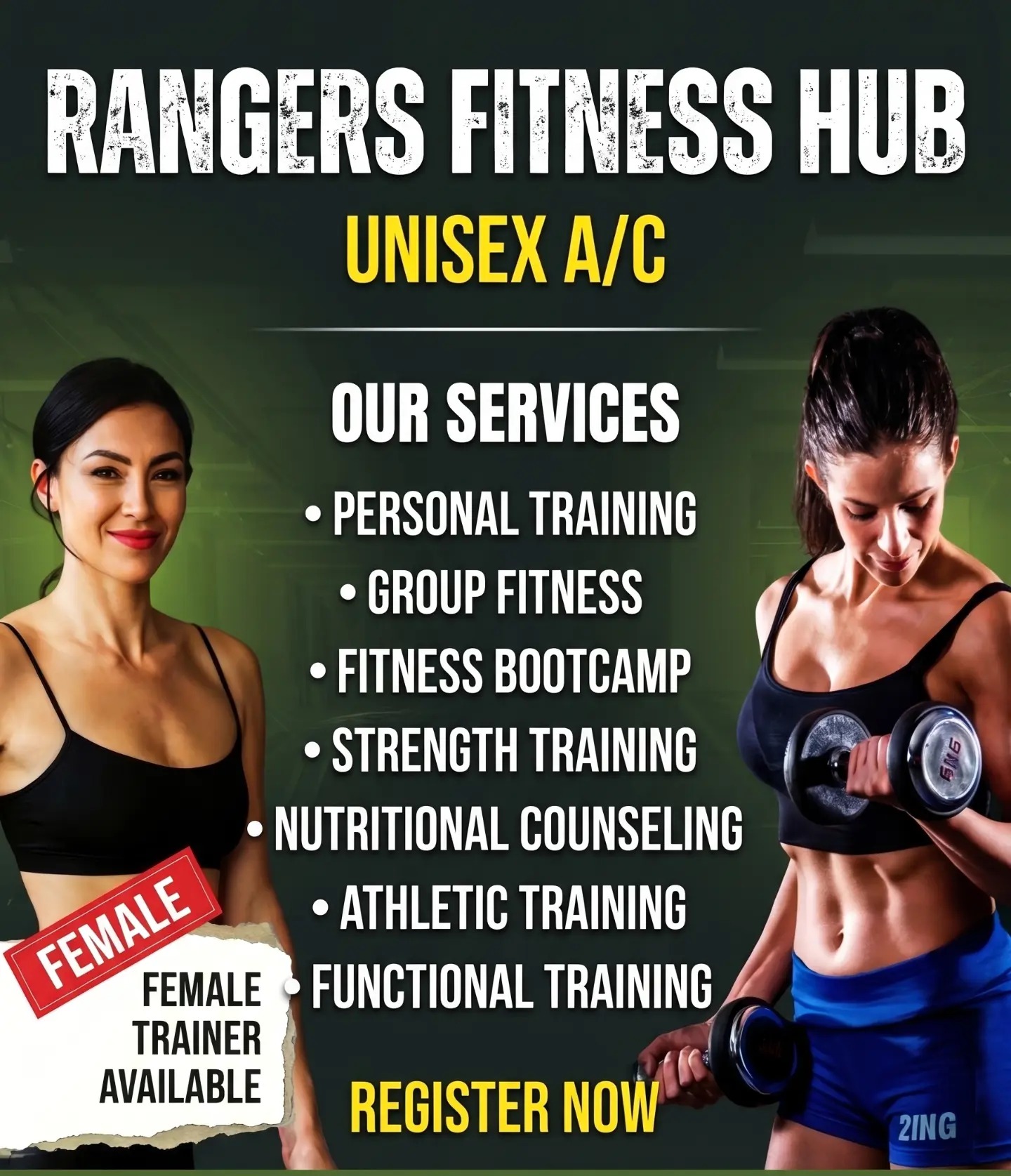Rangers Fitness Gym services poster — personal training, group fitness, bootcamp, strength, nutrition